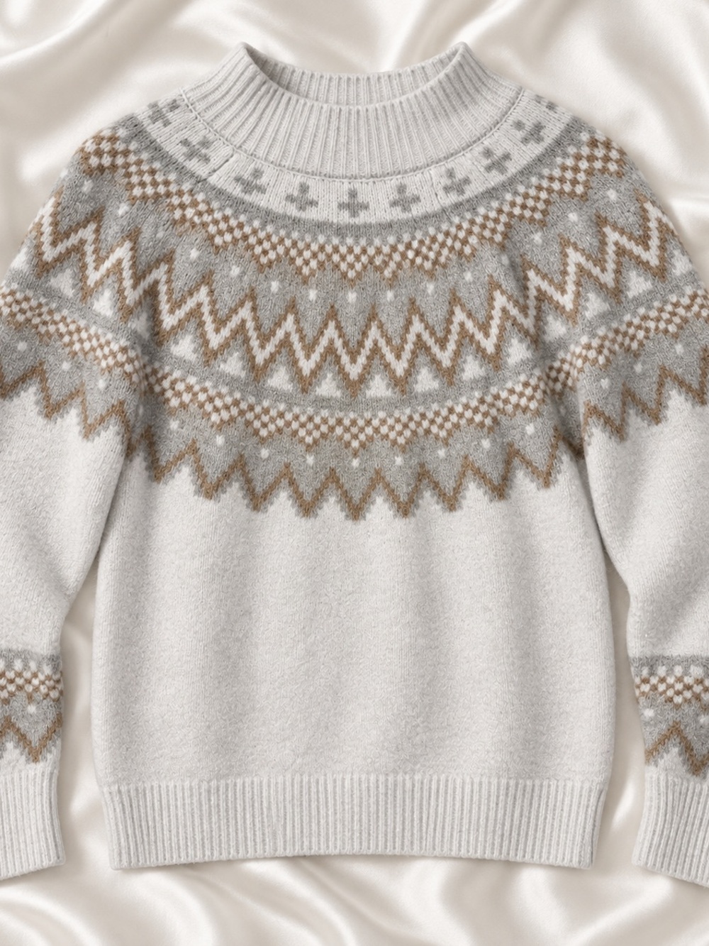 Max Studio Women’s L Fair Isle Mock Neck Sweater Cream Gray Brown